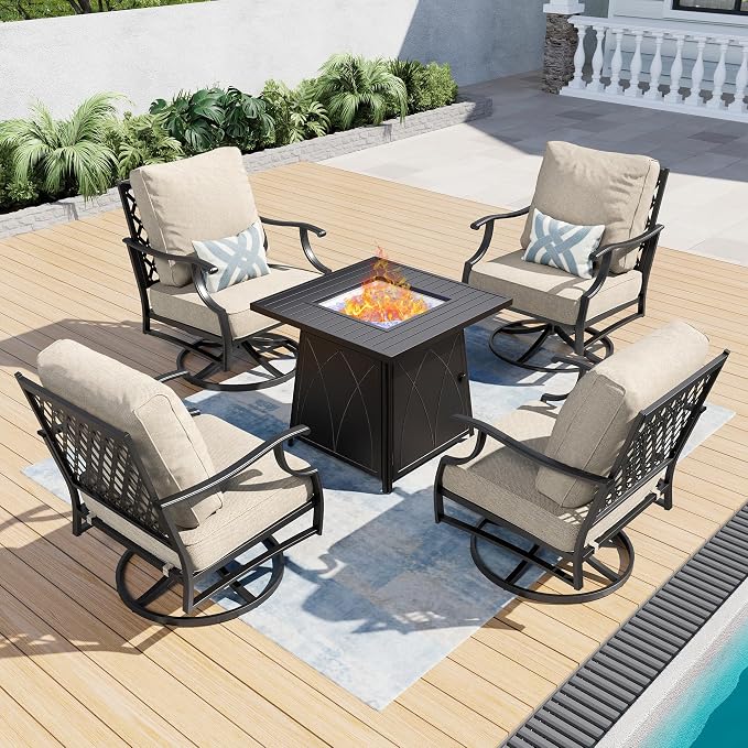 SUNSHINE VALLEY Patio Furniture Set with Firepit Table, 5 Piece Metal Outdoor Patio Furniture set for 4, 4 Swivel Chairs with 5.75" Extra Thick Cushion and Gas Firepit Table for Backyard Poolside Deck