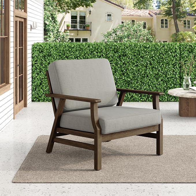 2 Piece Wood Patio Chair Outdoor Bistro Set, Outdoor Armrest Chair All Weather Patio Sofa Furniture Backyard Conversation Sets with Cushions, Light Camel