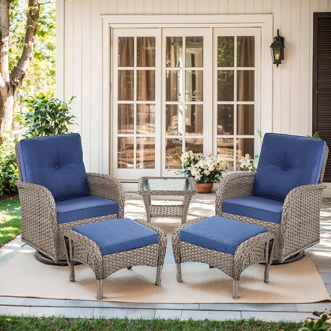 Outdoor Swivel Glider Rocker Chairs Set- 5 Piece Patio Furniture Set, Patio Bistro Sets with Tempered Glass Side Table and 2 Ottoman, for Balcony, Porch - Grey Wicker Blue Cushion