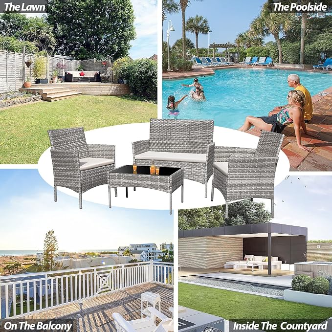 Homall 4 Pieces Outdoor Patio Furniture Sets Rattan Chair Wicker Set,Outdoor Indoor Use Backyard Porch Garden Poolside Balcony Furniture (Grey and Beige)