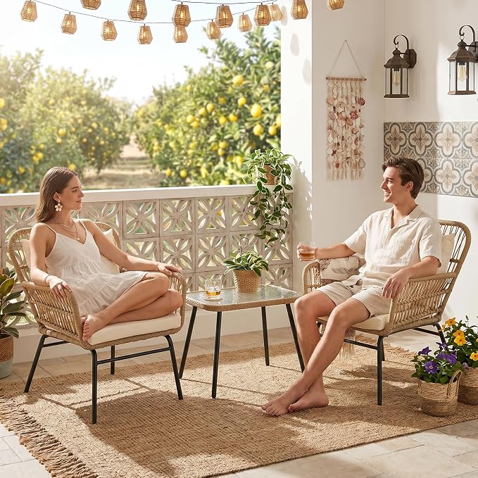 RADIATA 3 Pieces Boho Wicker Patio Chair Set with Thick Cushion and Side Table, Outdoor Conversation Rattan Furniture, Bistro Table and Chair for Porch Deck Backyard Garden, Beige
