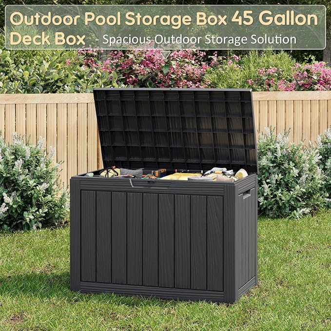 KAMABOKO 45 Gallon Outdoor Storage Box, All-Weather Deck Box for Patio Furniture, Package Deliveries, Garden Tools, Pool Supplies & Cushions, Black