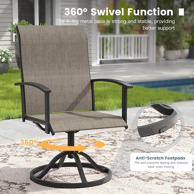 DIFY 7 Pieces Outdoor Dining Set, Metal Patio Table and Chairs Set for 6 with Umbrella Hole, 63" Walnut Rectangle Table and Brown Textilene Swivel Patio Chairs for Garden, Backyard, Poolside