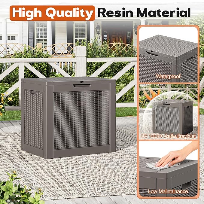 Outdoor Storage Box, Resin Deck Boxes Indoor and outdoor, Waterproof Storage Box Lockable Lid (Grey, 35 Gallon)