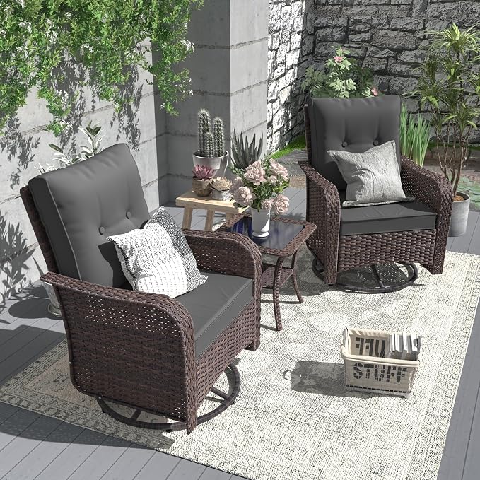ALAULM 8 Pieces Patio Furniture Set with 2 Swivel Chairs Wicker Patio Conversation Set, Outdoor Sectional Furniture w/Coffee Table & Washable Seat Cushions-Grey