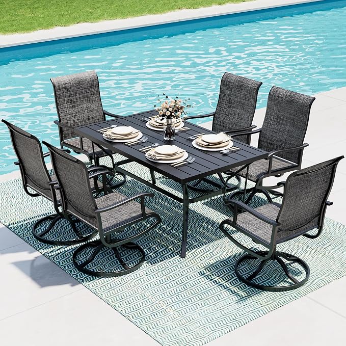 7-Piece Outdoor Dining Set, Patio Furniture Set with Textilene Swivel Chairs, Outdoor Table & 6 Chairs for Garden, Backyard, Poolside, Deck, Charcoal