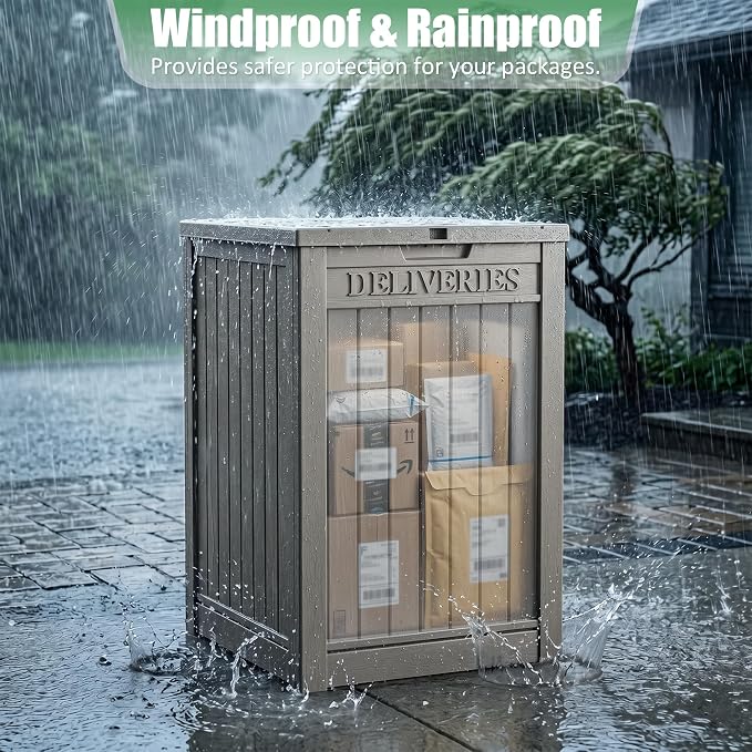 EasyUp Package Delivery Boxes for Outside, 55 Gallon Outdoor Storage Deck Box Parcel MailBox Drop Secure Resin Lockable UV Resistant Waterproof Mail Porch Patio Grey