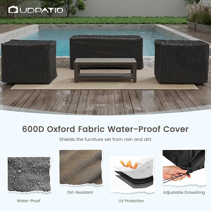 UDPATIO Aluminum Patio Furniture Set, Faux Wood Grain Modern Outdoor Furniture, 6" Cushions Metal Patio Conversation Sofa with Coffee Table for Poolside Deck, 5 PCS, Beige(Include 600D Covers)