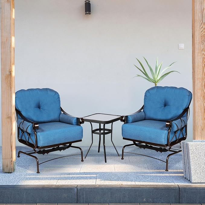 Four Seasons Courtyard Uptown 3 Piece Outdoor Bistro Patio Furniture Set with 2 Cushioned Metal Garden Chairs and Square Table for Front Porch Seating