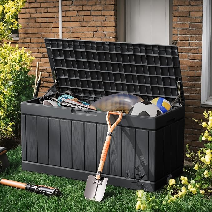 Greesum 82 Gallon Resin Deck Box All Weather Large Outdoor Storage for Patio Furniture, Toys, Garden Tools, Lockable, Dark Gray