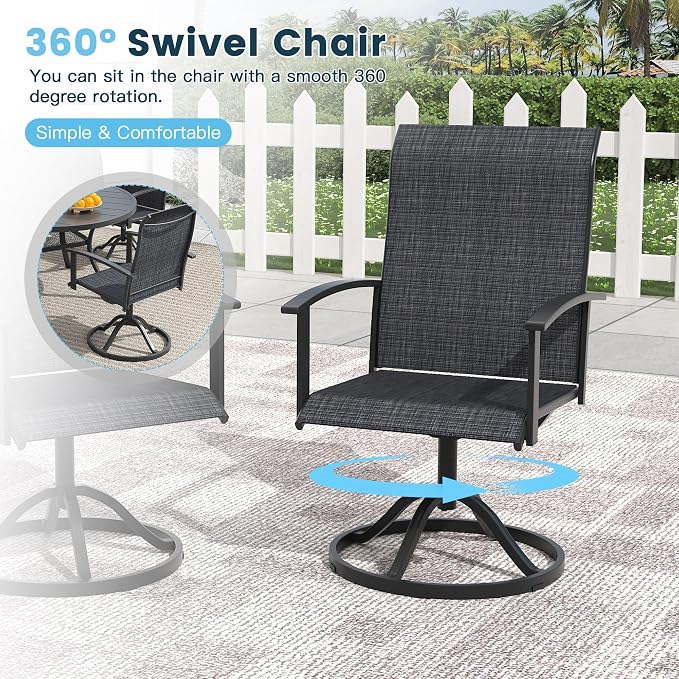 5 Pieces Outdoor Patio Dining Set, 40.6" All Weather Round Metal Table with Umbrella Hole and Storage Shelf, 4 High Back Textilene Swivel Chairs for Garden, Lawn, Black