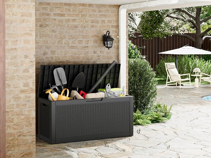 Outdoor Storage Box, 72 Gallon Resin Deck Boxes Outdoor Waterproof For Patio Furniture, Garden Tools, Pool Supplies, Lockable And UV Resistant (Rattan Black)