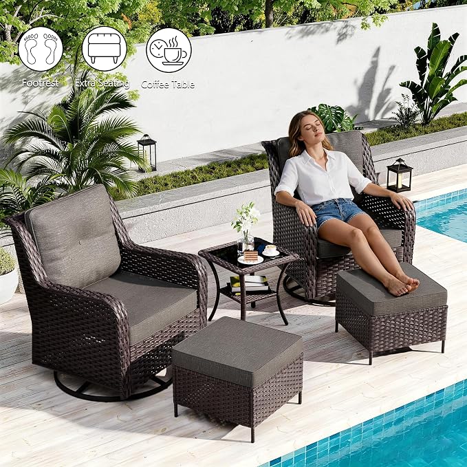 7-Piece Patio Furniture Set,Outdoor Conversation Sets w/Fire Pit Table&High Back Wicker Swivel Rocker Chairs,All-Weather Wicker Sectional Sofa for Deck,Yard and Poolside,Grey