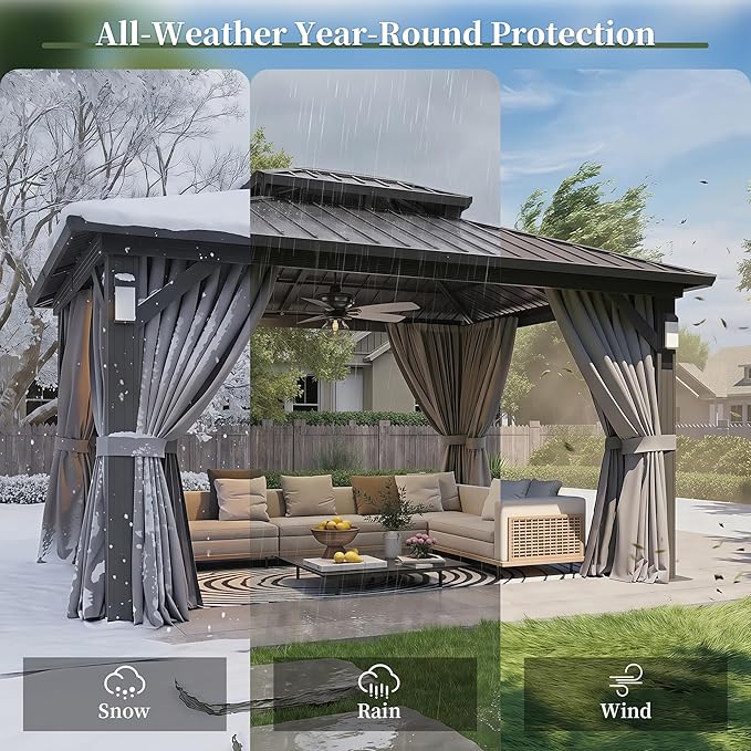 Aoxun 10'x12' Hardtop Gazebo with 4 LED Lights, Outdoor Gazebo with Galvanized Steel Double Roof, Patio Gazebo with Breathable Netting & Privacy Curtain, Decor Hooks for Backyard, Gray