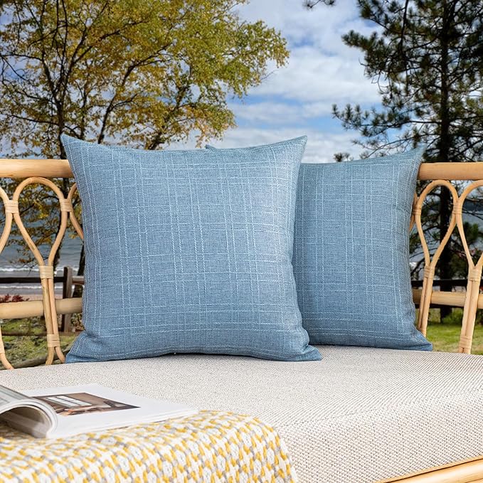 Kevin Textile Outdoor Waterproof 18”x18” Pillow Covers 2 Pack, Light Blue | Water Resistant, Soft Faux Linen-cotton Yarn-dyed Woven Texture Throw Pillow Covers for Tent Patio Garden Couch Sofa