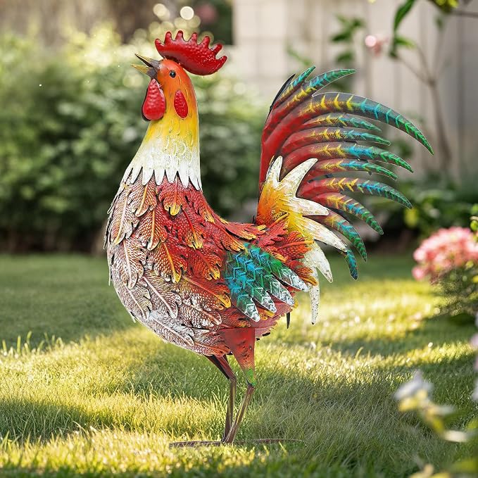 Metal Rooster Yard Decor, 21" Outdoor Garden Statues for Patio | Durable Metal with Hand-Painted Finish, Farmhouse Rooster Chicken Decor for Yard, Garden, Patio, Porch & Kitchen