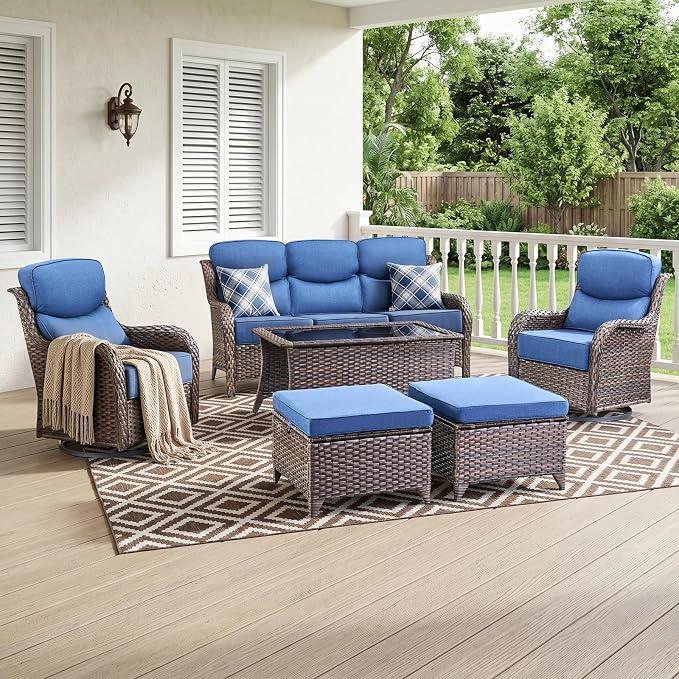 Luxury High Back Outdoor Furniture with 6-Inch Thick Cushions, Patio Furniture Set with Swivel Chairs, 6 PCS Wicker Conversation Set for Porch, Balcony, Deck and Yard