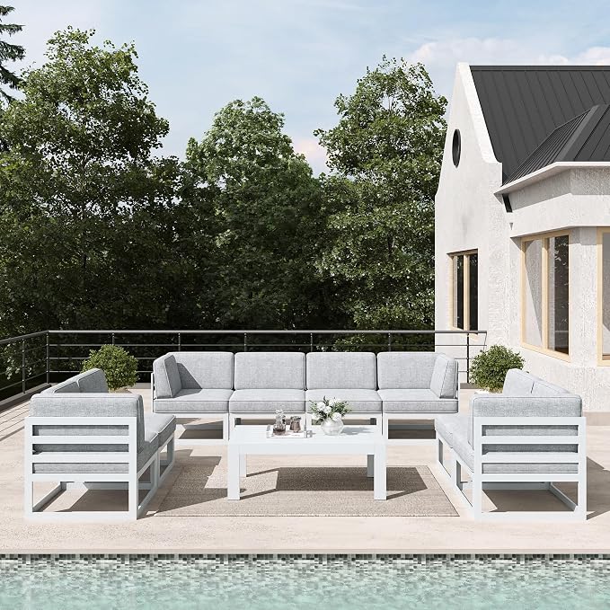 LayinSun 9 Pieces Modern Aluminum Patio Furniture Set with Coffee Table, Outdoor Modular Sectional Conversation Set L-Shaped Sofa for Backyard