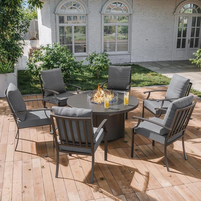 ALAULM 7-Piece Outdoor Dining Set for 6 Metal Outdoor Patio Furniture with 40000 BTU Round Fire Pit Table for Patio, Backyard, Garden-Grey