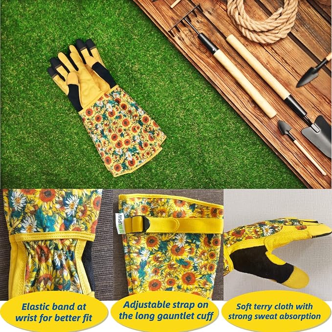 Thornproof Rose&Cactus Gardening Gloves,Gauntlet Garden Glove,Gifts | Canvas,Cute Floral Pattern,Leather Palm,Touchscreen,Durable Material,Garden Gift,Men&Women,Machine Washable,Adjustable Cuff