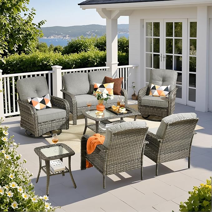 7 Piece Wicker Patio Furniture Set with Swivel Chairs, Dark Gray | High Back Swivel Rocker Chairs, Outdoor Loveseat Sofa, Coffee Table, Rattan Conversation Set, Porch Deck Backyard Poolside