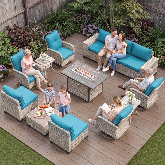 13-Piece Outdoor Patio Furniture Set with Rocking Swivel Chair, PE Wicker Rattan Sectional Sofa Patio Conversation Set with 55,000 BTU Fire Pit Table & Coffee Table, Turquoise