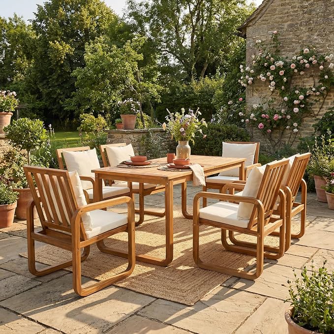 RUNNA 7 Pieces Outdoor Patio Dining Table Set with Removable Cushions, Modern Armrests and Spacious Table, Outdoor Furniture Set for Backyard, Garden Entertaining (Beige-A7)
