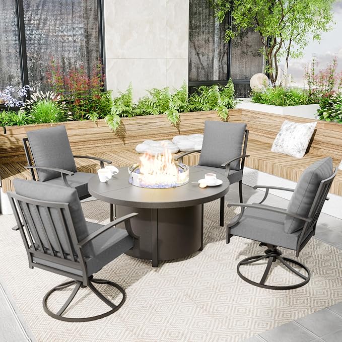 Kullavik 5 Piece Metal Outdoor Patio Furniture Set with Fire Pit Table,Outdoor Dining Table Set with 2 Fixed Chairs,2 Swivel Chairs and 55000 BTU Outdoor Round Fire Pit,Grey