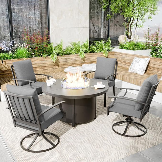 Kullavik 5 Piece Metal Outdoor Patio Furniture Set with Fire Pit Table,Outdoor Dining Table Set with 2 Fixed Chairs,2 Swivel Chairs and 55000 BTU Outdoor Round Fire Pit,Grey