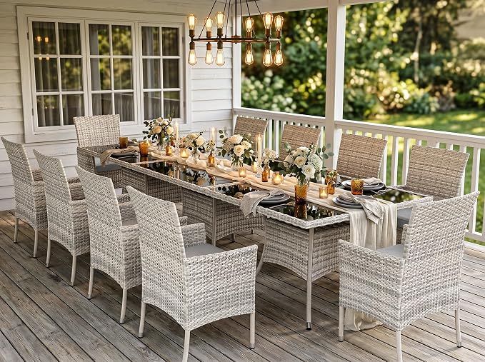 Outdoor Dining Set, 15-Piece Patio Furniture Set with Tempered Glass Table and 12 Cushioned Chairs, Dual-Strand Wicker Rattan, Balcony Furniture for Backyard, Garden, Deck,– Gray
