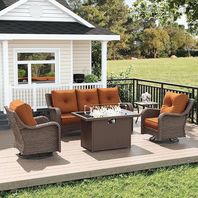 LayinSun 5 Piece Wicker Outdoor Furniture Set with 6-inch Comfy Cushions, High Back Patio Furniture Set with Swivel Rocking Chairs and Fire Pit Table