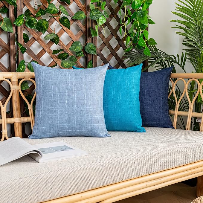 Kevin Textile Outdoor Waterproof 16”x16” Pillow Covers 2 Pack, Blue | Water Resistant, Soft Faux Linen-cotton Yarn-dyed Woven Texture Throw Pillow Covers for Tent Patio Garden Couch Sofa