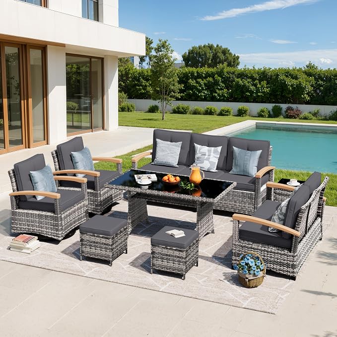 MEISSALIVVE 8 Pieces Patio Furniture Sets, PE Wicker Outdoor Conversation Sets with 2 Wood Armrests Swivel Rocker Chairs, 2 Ottomans, 2 Sofa and Dining Table (Grey)