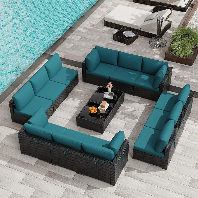 KIGOTY Patio Furniture Set,14 Pieces Modular Outdoor Sectional Sofa, PE Rattan Patio Conversation Set, All Weather Wicker Patio Furniture with Cushions and Coffee Table（Black/Blue）