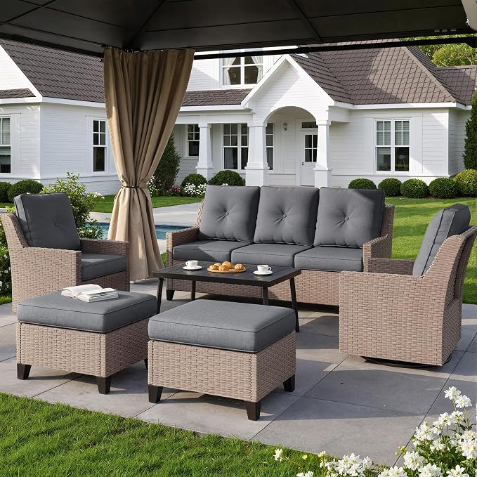 NestNook 6 Piece Patio Furniture Set, Outdoor Furniture Wicker Swivel Chairs Set of 2 with 3-Seater Sofa, 2 Ottomans and Coffee Table Patio Conversation Set for Backyard Balcony & Poolside（Dark Grey）