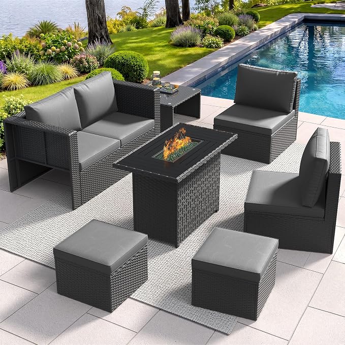 Amopatio 7 Pieces Patio Furniture Set with Fire Pit Table, All-Weather Wicker Outdoor Conversation Sofa Set with Glass Coffee Table, Cushions & Ottomans for Deck Backyard Porch Lawn Black/Dark Grey