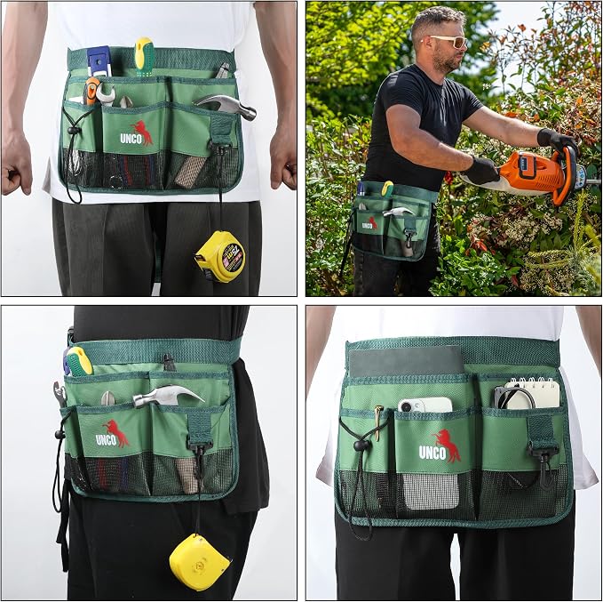 UNCO- Adjustable Gardening Belt, Green, 7 Pockets, Wear, Cut and Water Resistant, Garden Tool Belt Pouch, Waist Apron with Pockets