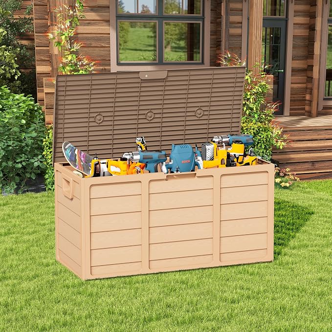 75 Gallon Outdoor Deck Box - Heavy Duty Resin Storage with Lockable Lid, UV Resistant for Patio Furniture Cushions, Pillows (Brown)