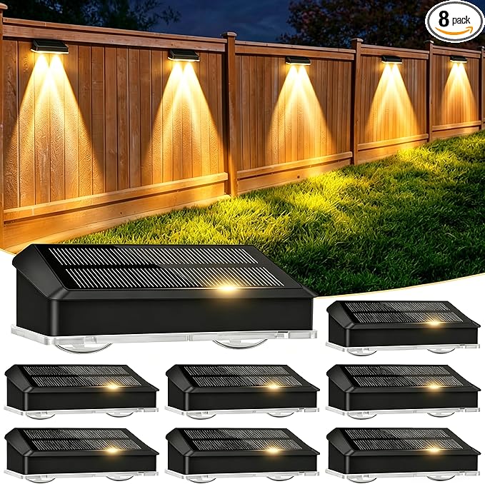 echosari Solar Fence Lights 8 Pack, 100 Lumen Ultra Bright Solar Wall Lights Outdoor Waterproof Lighting Auto ON/Off for Backyard Patio Railing Porch Step (2700K Warm White)