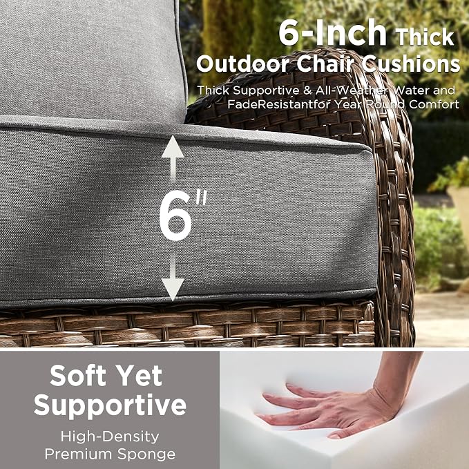Luxury Outdoor Patio Furniture Set with 6-Inch Thick Cushions, 6 Pieces All-Weather Wicker Outdoor Furniture with Outdoor Rocking Chair, Outdoor Patio Conversation Sets for Garden Porch Deck, Grey