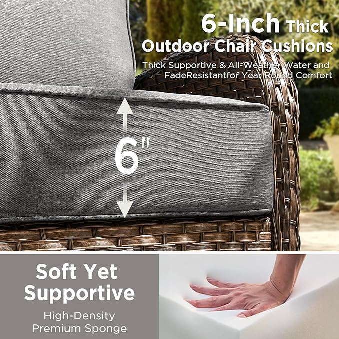 3 Pieces Luxury Patio Furniture Sofa Set with 6-Inch Thick Cushions, Outdoor Wicker Patio Furniture Covered Couch with Multifunctional Ottoman, Patio Conversation Set for Porch Garden, Grey