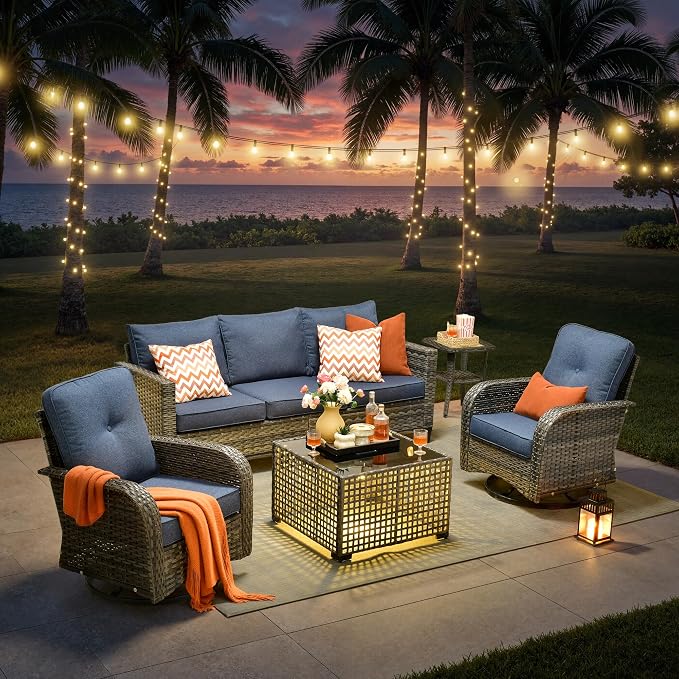 5-Piece Outdoor Patio Furniture Set with Swivel Chairs, Outdoor Conversation Wicker Sofa with Coffee Table, Rattan Couch for Deck, Backyard, Poolside (Blue)