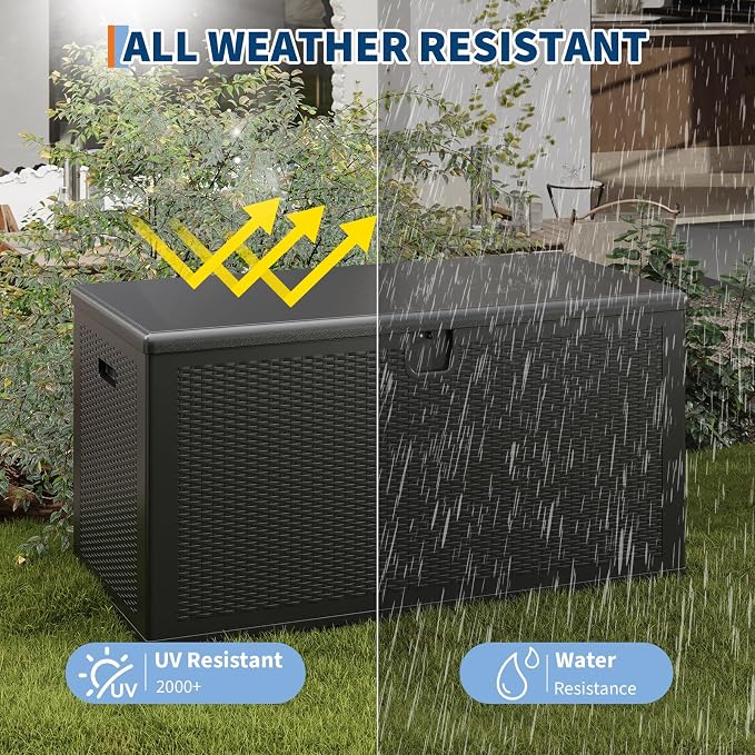 Garvee 150 gal Large Resin Deck Box, Waterproof & Weatherproof Outdoor Storage Box, Lockable Pool Storage Bin with Lid for Porch Patio Garden Backyard, Black