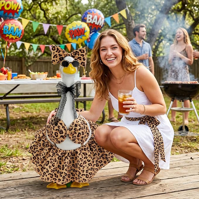 Leopard Bikini Porch Goose Outfit Set for 23 Inch Goose Statue, Swimsuit with Bow Eyelashes Lace Sunglasses Strap, Wild Style Summer Goose Clothes Decor (Leopard)