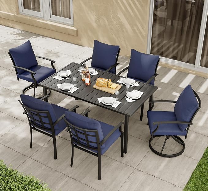 HAPPATIO 7-Piece Patio Dining Set, Outdoor Dining Set with Powder-Coated Metal,Dining Table with Umbrella Hole, 4 Stackable and 2 Swivel Chairs with Removable Cushions for Porch Pool Garden, Navy Blue