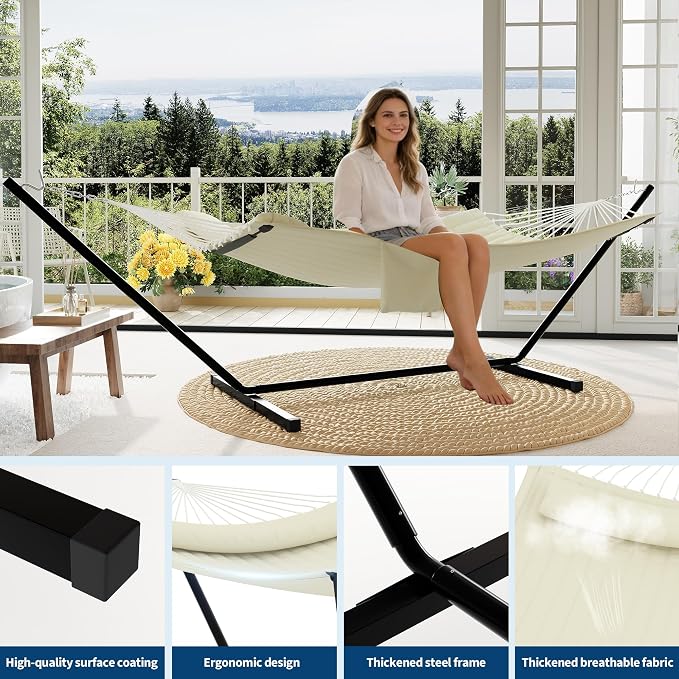  2 Person Hammock with Stand for Outside, Double Hammock with Stand and Pillow, Max 450 Lbs Capacity with Balance Rope, Large Hammock for Outdoor Patio Backyard Poolside