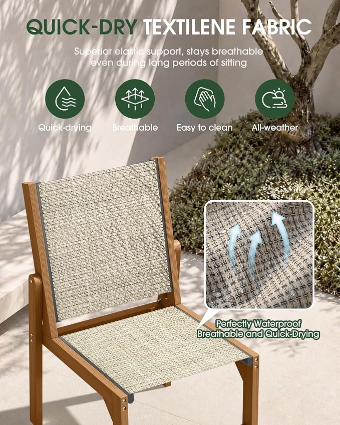 SUUNYN Patio Stackable Chairs Set of 2, HDPE Armless Outdoor Dining Chairs with Wide Seat, All-Weather Textilene Oversized Porch Chair for Garden, Poolside, Backyard, Deck | Teak