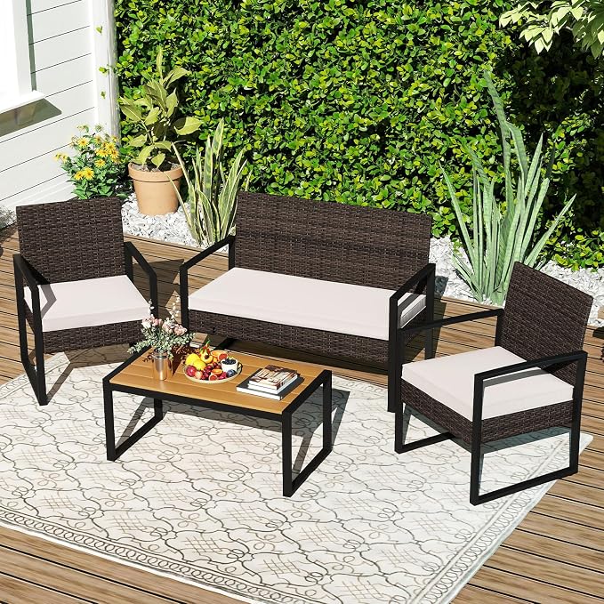 Tangkula 4 Pieces Patio Furniture Set, Outdoor Rattan Conversation Set w/Cushioned Chairs & Wood Plastic Coffee Table, Wicker Sectional Seating Furniture for Backyard, Poolside, Porch (Off White,1)