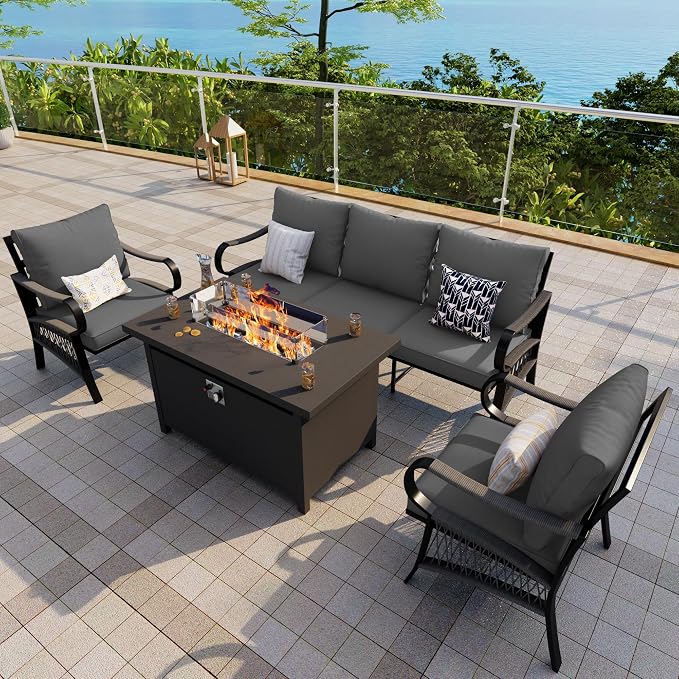 4-Piece Outdoor Furniture Set, Patio Conversation Set Include 3-Seater Sofa Couch Single Chairs with Fire Pit Table for Deck, Porch, Garden, Backyard, Poolside (Gray Cushions)