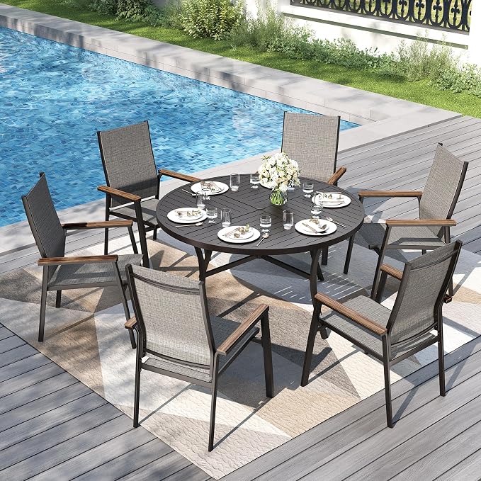 PHI VILLA Round Outdoor Dining Set for 6 with Aluminum Chairs, Grey | Stackbale chairs, Breathable & quick-drying sling, Light-weight & space-saving, Metal Table, Umbrella Hole, Patio deck